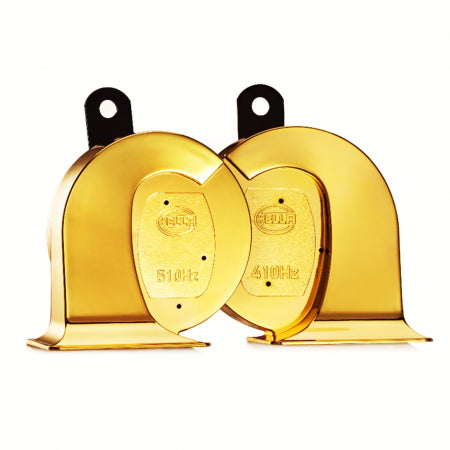KIT BOCINAS TROMPETA DOBLE 12V. UNIVERSAL – DORADAS