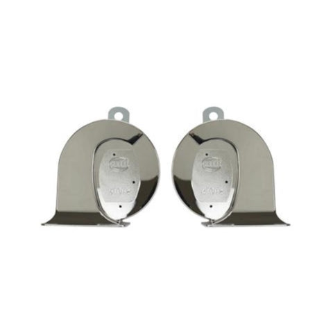 KIT BOCINAS TROMPETA DOBLE 12V. UNIVERSAL – CROMADAS