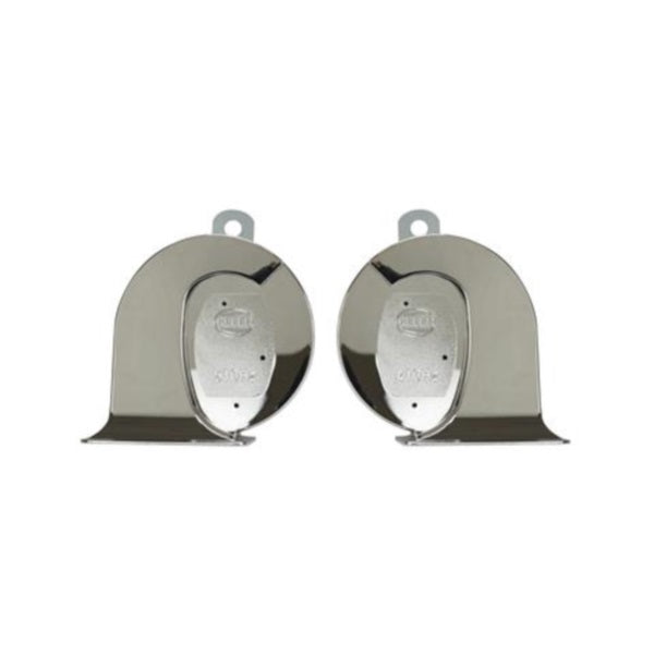 KIT BOCINAS TROMPETA DOBLE 12V. UNIVERSAL – CROMADAS